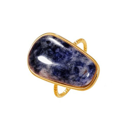 OIDIMS Gemstone Statement Ring for Women Gold-Tone Stainless Steel Natural Stone Rose Quartz Aventurine Turquoise Adjustable Open Band Stacking Finger Rings Boho Cocktail Wedding Party Jewelry - color: Blue Sodalite