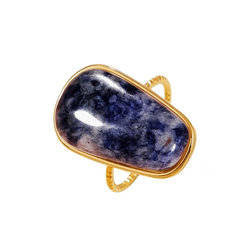 OIDIMS Gemstone Statement Ring for Women Gold-Tone Stainless Steel Natural Stone Rose Quartz Aventurine Turquoise Adjustable Open Band Stacking Finger Rings Boho Cocktail Wedding Party Jewelry - color: Blue Sodalite