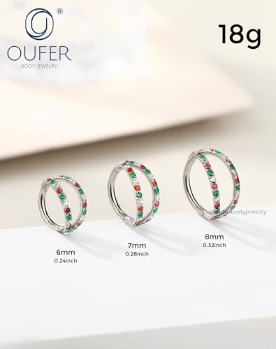 OUFER Christmas Double Hoop Nose Ring, 18G/20 6/7/8mm Red Green Christmas Nose Piercing Nose Rings Hoops Surgical Steel, Festive Hoop Nose Rings for Women Perfect for Xmas Nostril Piercing Jewelry - color: Red&Green