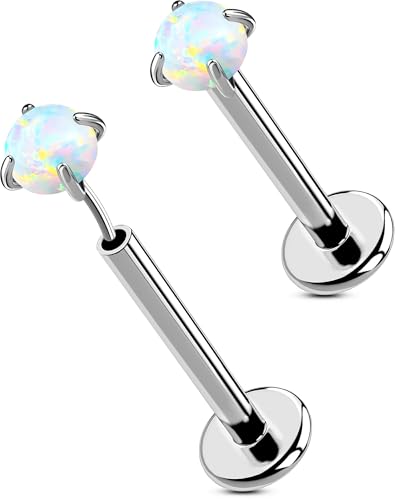 OUFER 2PCS 16G/20G Nose Lip Studs, G23 Solid Titanium Threadless Push in Nose Nostril Lip Labret Medusa Monroe Helix Cartilage Tragus Conch Lobe Piercing Jewelry for Women Men - color: Silver bar, Claw Opal, size: 2pcs, 16g 10mm, 3mm Opal