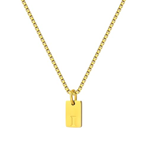 Gold Plated Square Initial Necklace Waterproof A-Z Letter Pendant on Thin Chain - Dainty, Stackable Jewelry for Women - color: Golden-I, size: F
