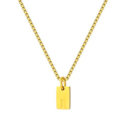 Gold Plated Square Initial Necklace Waterproof A-Z Letter Pendant on Thin Chain - Dainty, Stackable Jewelry for Women - color: Golden-I, size: F