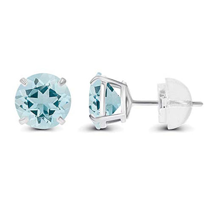 Solid 14K Yellow, White or Rose Gold 4mm Round Genuine Gemstone Birthstone Prong Set Stud Earrings For Women - color: Aquamarine