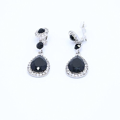 Gorgeous Austrian Crystal Rhinestone Wedding Bridal Teardrop Drop Dangle Earrings - color: Black-Clip on