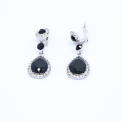 Gorgeous Austrian Crystal Rhinestone Wedding Bridal Teardrop Drop Dangle Earrings - color: Black-Clip on