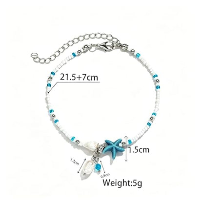 Beaded Ankle Bracelets for Women Boho Starfish Shell Pearl Beaded Ankle Bracelets Stacked Strench Silver Ankle Bracelet Non Tarnish Adjustable Hawaiian Summer Beach Surfer Foot Jewelry - color: Blue