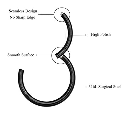 MissNity 316L Surgical Steel Hinged Nose Rings Hoop 20G 18G 16G 14G, Diameter 6mm to 10mm, Color Gold - Rose Gold - Silver - Black - Rainbow - color: A01: black - 1pc