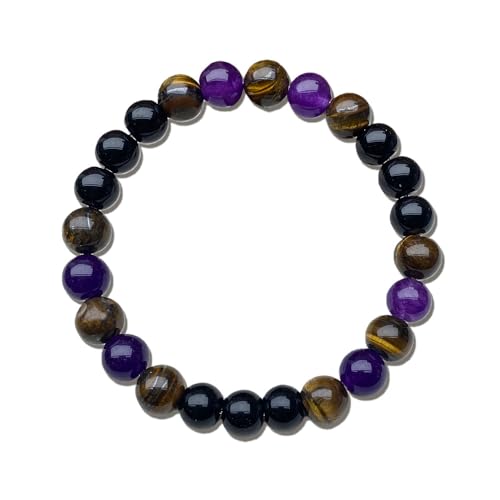 Natural Stone Beaded Bracelet for Men Women, Malachite Tiger Eye Obsidian Elastic Stretch Bracelet for Wealth & Energy - color: Black purple 1