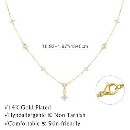 Yowivon Layered Gold Necklaces for Women, Dainty 14K Gold Plated Pendant Necklace, Non Tarnish Cubic Zirconia Stack Choker Necklace, Adjustable Hypoallergenic Trendy Jewelry Gift for Her - style: Gold-Four-Leaf Flower Pendant