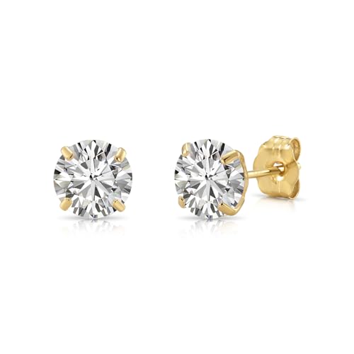14k Yellow Gold Solitaire Round Cubic Zirconia Stud Earrings - Pushbacks - style: 6mm