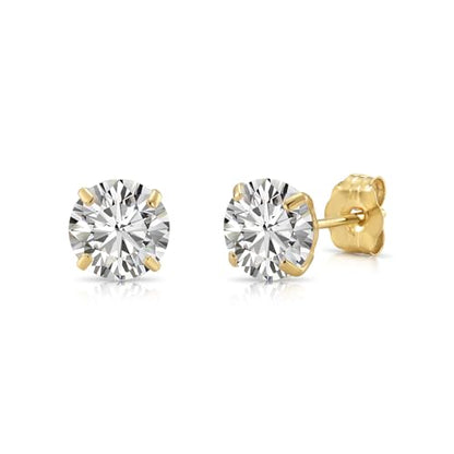 14k Yellow Gold Solitaire Round Cubic Zirconia Stud Earrings - Pushbacks - style: 6mm