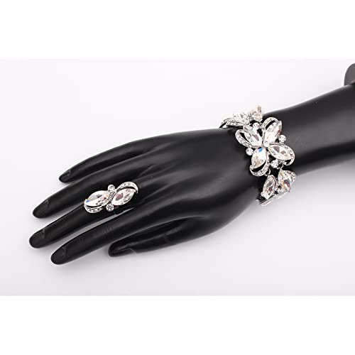 Jewelry Set for Women Rhinestone Austrian Crystal Statement Flower Necklace Link Bangle Bracelet Dangle Earrings Rings Allergy Free Wedding Party Jewelry Set for Bridal Bridesmaid - color: White-Platinum Plated