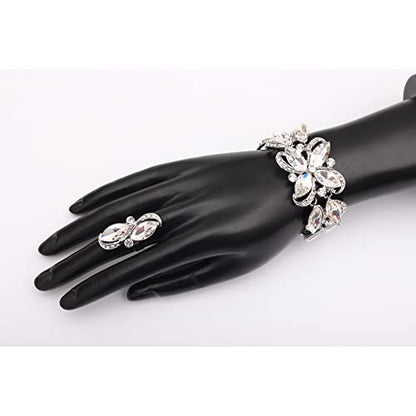 Jewelry Set for Women Rhinestone Austrian Crystal Statement Flower Necklace Link Bangle Bracelet Dangle Earrings Rings Allergy Free Wedding Party Jewelry Set for Bridal Bridesmaid - color: White-Platinum Plated