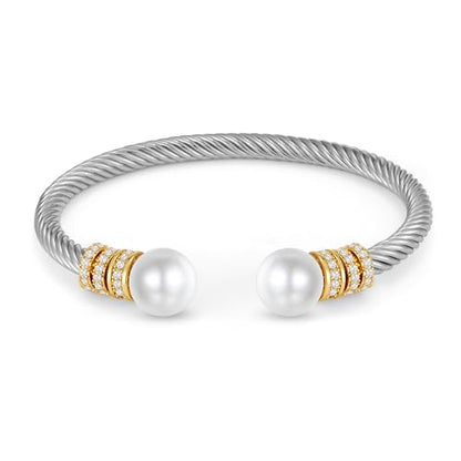 WOWORAMA Twisted Cable Wire Bracelets Two Tone Bangle Bracelet for Women | Stainless Steel, Unisex Gold Silver Bracelet, Mixed Metal Chunky Bangles Jewelry - color: Silver Pearl