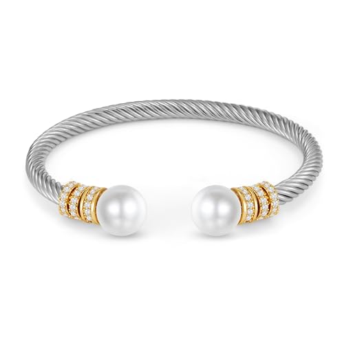WOWORAMA Twisted Cable Wire Bracelets Two Tone Bangle Bracelet for Women | Stainless Steel, Unisex Gold Silver Bracelet, Mixed Metal Chunky Bangles Jewelry - color: Silver Pearl