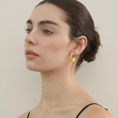 Gold Plated Chunky Hoop Earrings for Women - Stylish Statement Twisted Rope C Shaped Hoop Earrings Fashion Jewelry Gift - color: gold tone