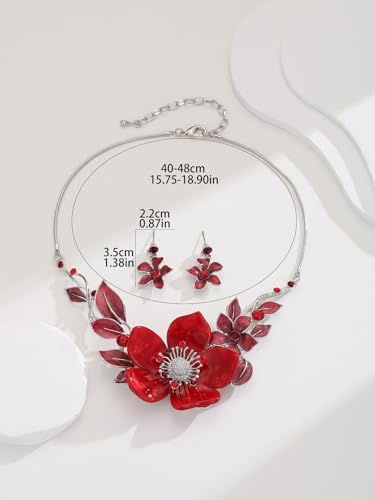 Chunky Statement Jewelry Set Vintage Retro Leaf Flower Floral Geometric Bohemian Boho Bib Necklace Earring Set Fashion Costume Jewelry for Women Girls Wedding Party Prom Unique Gift - style: flower leaf-red