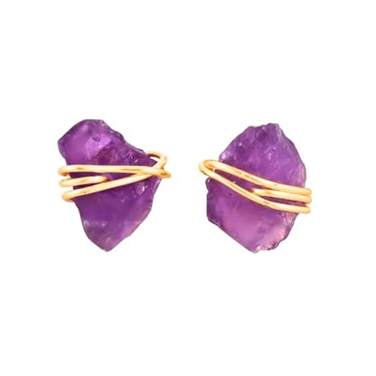Gempires Wire Wrapped Raw Gemstone Stud Earrings for Women, Birthstone | Handmade wire-wrapped raw gemstone stud earrings — choose from stones and birthstones, artisan raw crystals on gold. - style: Amethyst