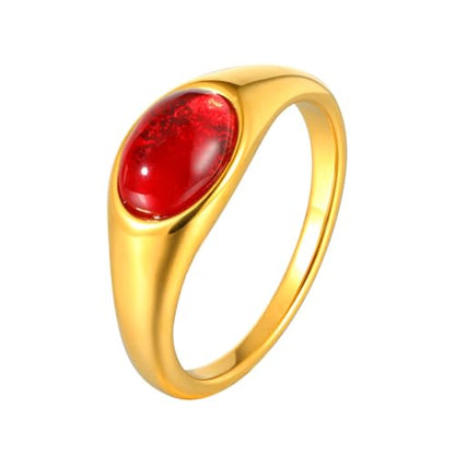 HIJONES Women's Stainless Steel Oval Opal Gemstone Dome Stacking Signet Ring Charming Wedding Jewelry - color: Red Stone