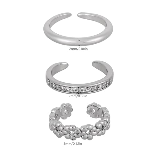 Mikovivi 3pcs Silver Toe Rings, Open Adjustable Copper Toe Ring Set Flower Diamond Plain Foot Ring Summer Beach Foot Jewelry for Women