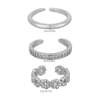 Mikovivi 3pcs Silver Toe Rings, Open Adjustable Copper Toe Ring Set Flower Diamond Plain Foot Ring Summer Beach Foot Jewelry for Women