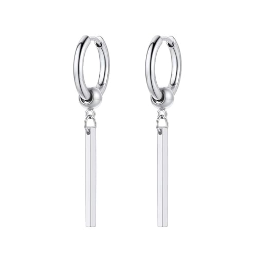PROSTEEL Stainless Steel Huggie Hoop Earrings for Mens Gold/Black/Silver | Skull/Infinity Pattern, Spike/Cuban Links 4 Design Options Hypoallergenic Lightweight Earring Hip Hop Punk Gothic Jewelry - style: 08-Straight Dangle-Silver