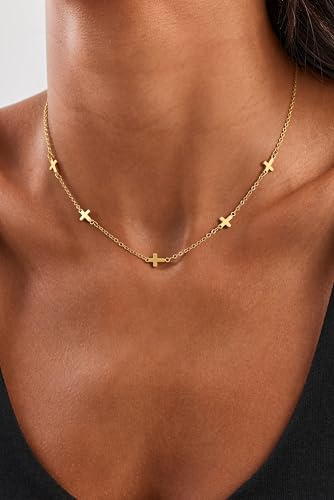 Cross Necklace for Women Dainty Small Cross Pendant Choker 14K Gold Plated Simple Trendy Cute Cross Charm Chain Necklace Easter Baptism Religious Faith Jewelry Gift - color: Five Cross-GD