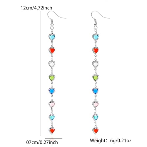 Sparkly Crystal Heart Long Chain Drop Earrings For Women Colorful Love Heart Tassel Statement Dangle Earrings Birthday Prom Jewelry Gifts - color: Silver