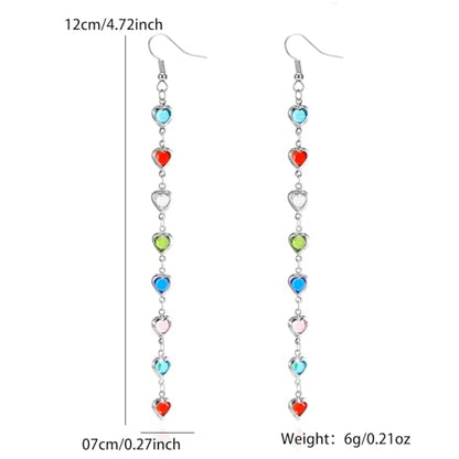 Sparkly Crystal Heart Long Chain Drop Earrings For Women Colorful Love Heart Tassel Statement Dangle Earrings Birthday Prom Jewelry Gifts - color: Silver