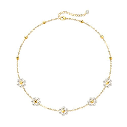 Zeffy Pearl Necklace 4MM/6MM/8MM Dainty Round Imitation Pearl Choker Necklace Wedding Pearl Necklace Delicate Jewelry for Women Simple Bridesmaid Jewelry Gifts - style: Gold Pearl Daisy Necklace(15"+2")
