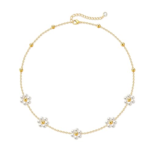 Zeffy Pearl Necklace 4MM/6MM/8MM Dainty Round Imitation Pearl Choker Necklace Wedding Pearl Necklace Delicate Jewelry for Women Simple Bridesmaid Jewelry Gifts - style: Gold Pearl Daisy Necklace(15"+2")