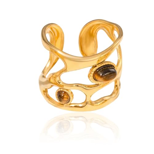 Western Captivating Tiger's Eye Stone Ring,Solitaire 8 * 10mm Oval Cut Gemstone 18K Gold Plated Stack 13mm Wide Ribbed Texture Band Statement Ring for Women - style: Tiger's Eye C