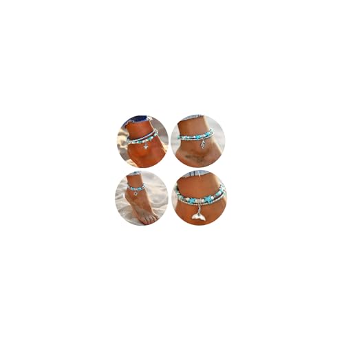 Starain Blue Turtle Anklets for Women Multilayer Beads Handmade Beach Ankle Bracelet Set Boho Foot Jewelry - color: 4Pcs Anklet Set