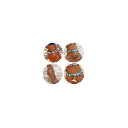 Starain Blue Turtle Anklets for Women Multilayer Beads Handmade Beach Ankle Bracelet Set Boho Foot Jewelry - color: 4Pcs Anklet Set