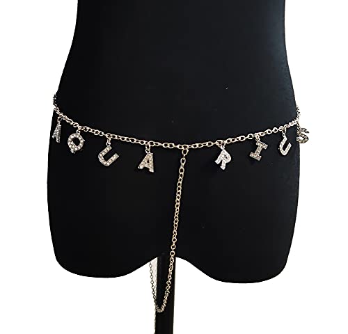 Women Sexy Rhinestone Waist Body Chain Crytal Sexy Letter Pendant Belly Waist Chain T-string Thong Body Jewelry - color: Aquarius Letter