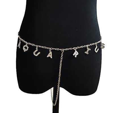 Women Sexy Rhinestone Waist Body Chain Crytal Sexy Letter Pendant Belly Waist Chain T-string Thong Body Jewelry - color: Aquarius Letter