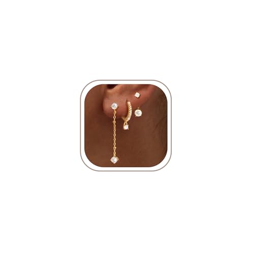 Freekiss 3 Pairs Hoop Earrings Set - Dainty Stud Dangle Cartilage for Women | Hypoallergenic Earrings, Cubic Zirconia Stackable Trendy Small Set Jewelry Gifts for Women - style: 3 CZ Long Stud-GD