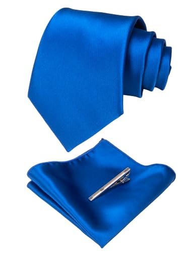 JEMYGINS Mens Solid Color Formal Necktie and Pocket Square, Tie Clip Sets - color: Blue