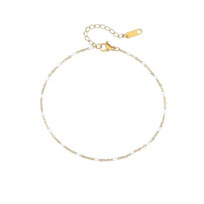 Dainty Ankle Bracelets for Women 18K Gold Plated Beaded Anklet Chain Simple Tiny Beads Anklet Waterproof Minimalist Summer Beach Foot Jewelry Gifts - color: White Beads-Gold