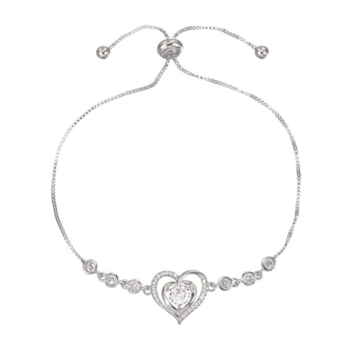 14K White Gold Plated Heart Bracelet for Women, Zircon Inlay Love Heart Charm Chain Bracelet Bangle with Adjustable Length - color: silver-white