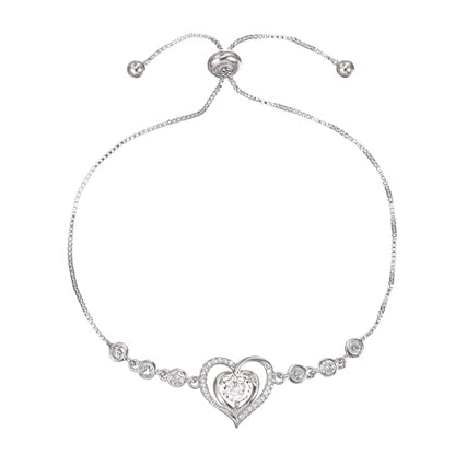 14K White Gold Plated Heart Bracelet for Women, Zircon Inlay Love Heart Charm Chain Bracelet Bangle with Adjustable Length - color: silver-white