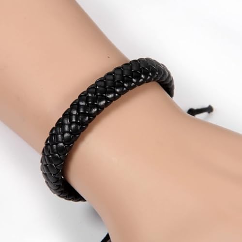 Leather Surfer Cuff Bracelet: Adjustable Braided Rope Woven Wrap Wristband for Men Women, Fit 7.6-10.6 inch Wrist - color: Black