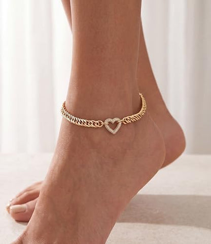 Moodear Gold Ankle Bracelets for Women Waterproof,14K Gold Plated Anklets | Waterproof, Non Tarnish Cuban Link Anklets, Trendy Jewelry Accessories for Summer Vacation, Beach Gifts for Women - style: Cuban CZ Heart