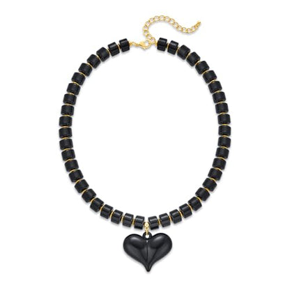 YUJIE Chunky Heart Pendant Necklace for Women- Exaggerated Statement Puff Heart Necklace with Acrylic Beaded Chain - color: black