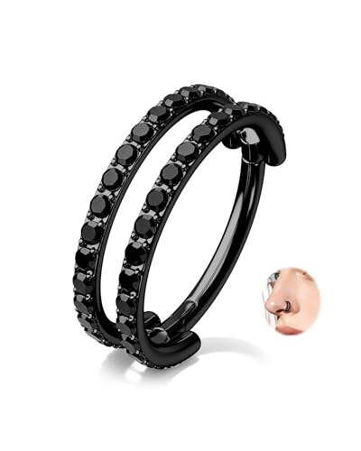 Nose Ring Hoop, 316L Stainless Steel Double Nose Rings, 20G Nose Piercing Jewelry for Women, Clear CZ Helix Cartilage Septum Nose Hoops - color: Black-6mm