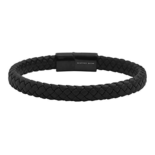 Geoffrey Beene Men's Braided Genuine Leather Bracelet with Stainless Steel Closure - color: Black