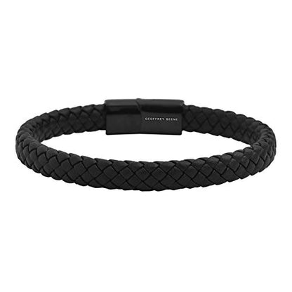 Geoffrey Beene Men's Braided Genuine Leather Bracelet with Stainless Steel Closure - color: Black