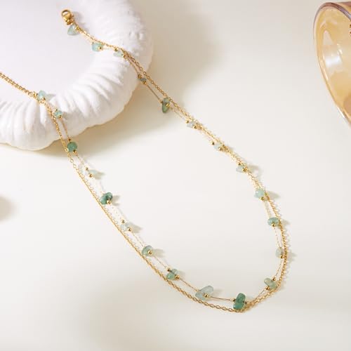 Harlermoon Natural Stone Layered Necklace for Women - 18K Gold Plated Stainless Steel Dainty Beaded Choker, Waterproof Tarnish Resistant Boho Summer Beach Jewelry Gift Box - color: Green