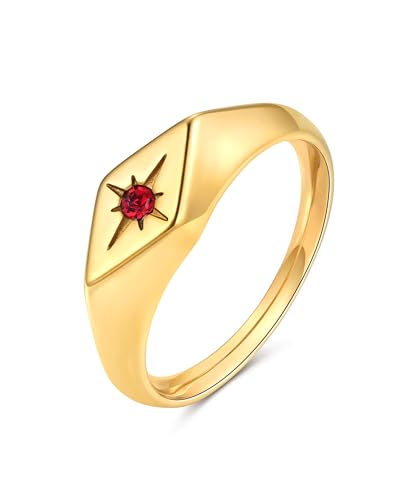 YeGieonr Gold Rings for Women Non Tarnish, 18K Gold Plated Stainless Steel North Star Signet Ring, Waterproof Dainty Pinky Statement Ring, Tarnish Free Gold Jewelry for Women - color: Rhombus Red