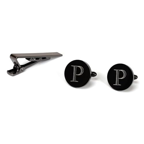 Mens Initial Cufflinks and Tie Clip A-Z Alphabet Letter Black Stainless Cuff Links Tie Bar with Engraved Walnut Wood Box Groom Groomsman Wedding Set - style: Classic-P